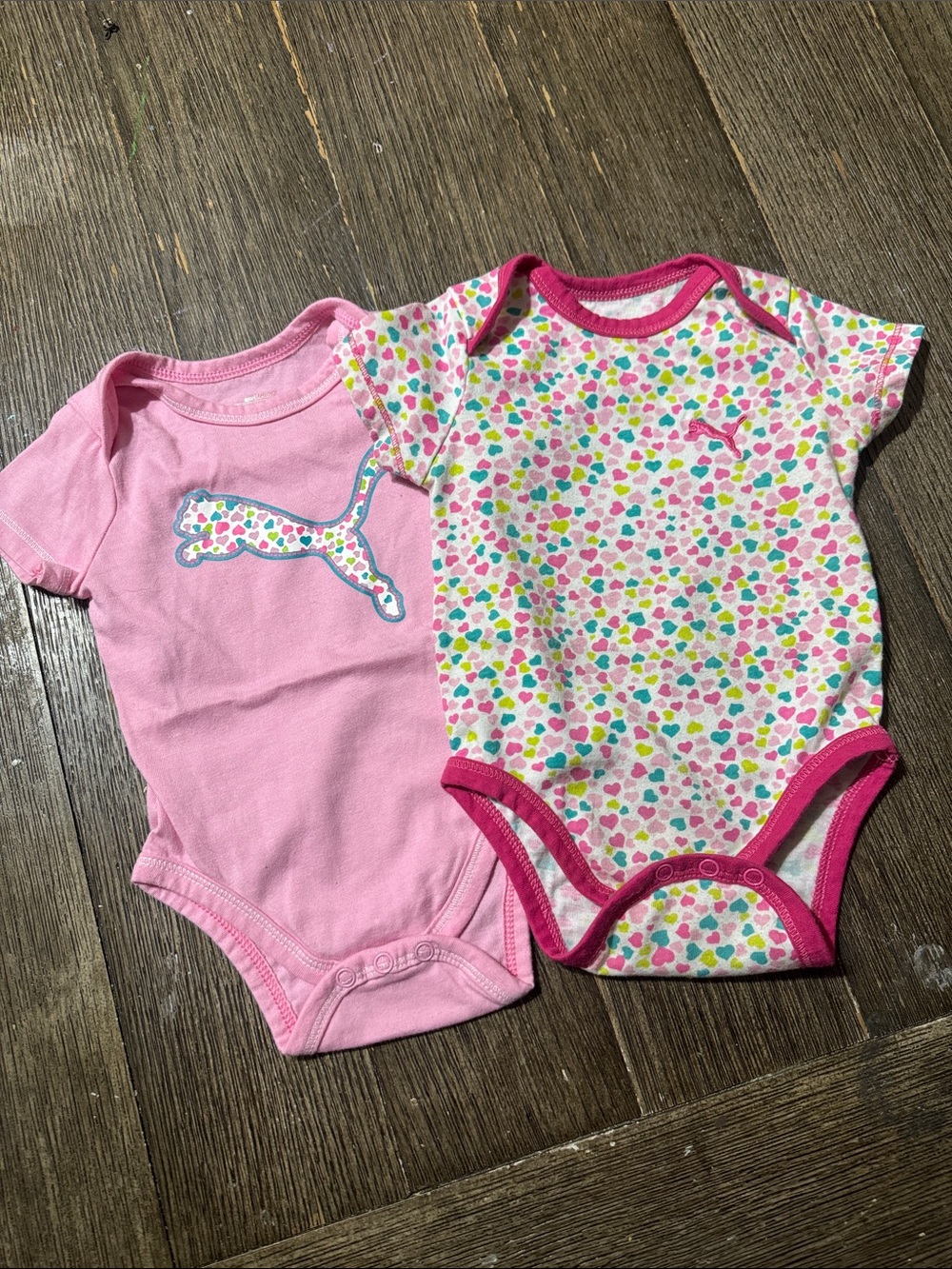 PUMA 6-9M Baby Girl Heart Print Bodysuit Bundle | 2-Piece Onesies
